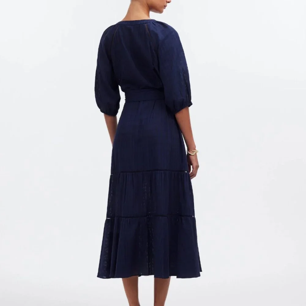 Madewell Tie-Waist Tiered Midi Dress in Windowpane Navy  NEW NS139 Flowy - Picture 2 of 5